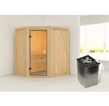 Elementsauna Karibu Faurin inkl. 9 kW Ofen u.intergr.Steuerung ohne Dachkranz mit bronzierter Ganzglastüre