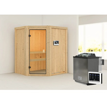 Elementsauna Karibu Faurin inkl. 9 kW Bio Ofen u.ext.Steuerung ohne Dachkranz mit bronzierter Ganzglastüre