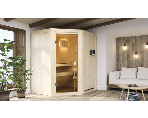 Elementsauna Karibu Faurin inkl. 9 kW Ofen u.ext.Steuerung ohne Dachkranz mit bronzierter Ganzglastüre