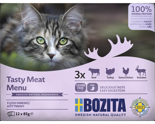 Bozita Katzennahrung Tasty Meat Menu mit Rind, Truthahn, Huhn und Rentier, 12 mal 85 Gramm