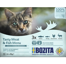 Bozita Katzennahrung mit schwedischen Naturzutaten, Geschmacksrichtung Fleisch und Fisch, 12 mal 85 Gramm