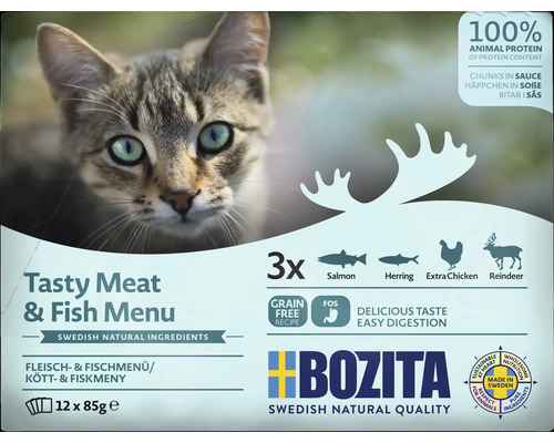 Bozita Katzennahrung mit schwedischen Naturzutaten, Geschmacksrichtung Fleisch und Fisch, 12 mal 85 Gramm