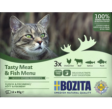 Bozita Katzennahrung mit schwedischen natürlichen Zutaten, Geschmacksrichtung Fleisch- und Fischmenü, 12 mal 85 Gramm