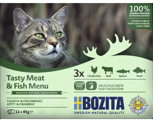 Katzenfutter nass BOZITA Tasty Meat & Fish Menu Fisch & Fleisch Häppchen in Gelee Multibox 12 x 85 g Huhn, Rind, Lachs, Flussbarsch Bozita Katzennahrung mit schwedischen natürlichen Zutaten, Geschmacksrichtung Fleisch- und Fischmenü, 12 mal 85 Gramm