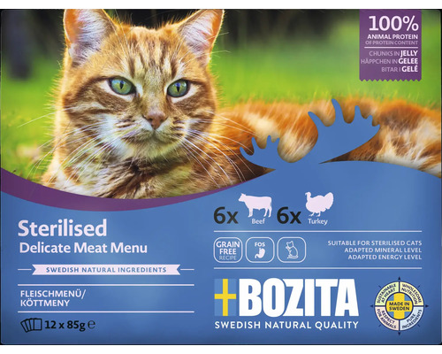 Bozita Sterilised Katzenfutter zarte Fleischmenü mit Rind und Truthahn, 12 mal 85 Gramm