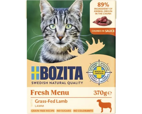 Katzenfutter nass BOZITA Fresh Menu Häppchen in Sauce mit Hühnchen für Lamm 370 g getreidefrei Bozita Frisches Menü mit Graslamm, 370 Gramm