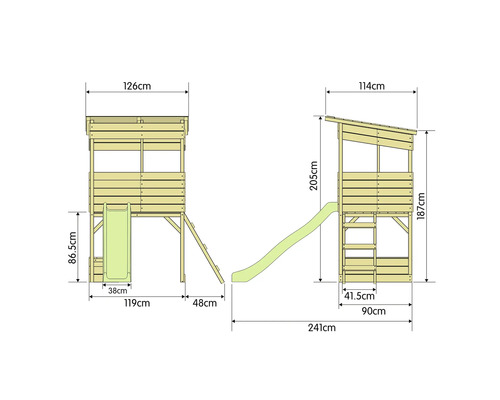 Technische Zeichnung eines Spielturms mit Rutsche und Maßangaben
