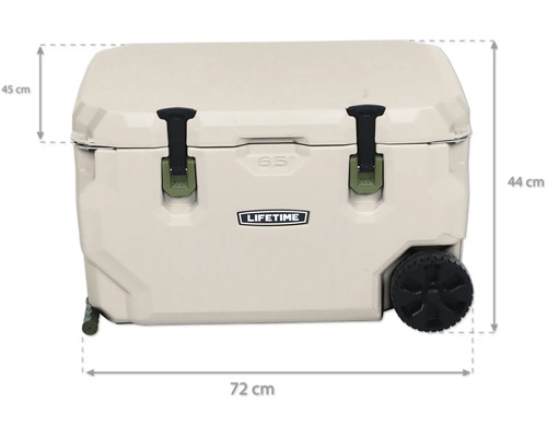 Kühlbox mit Rollen, 65 Liter Fassungsvermögen und den Maßen 72 cm x 44 cm x 45 cm.