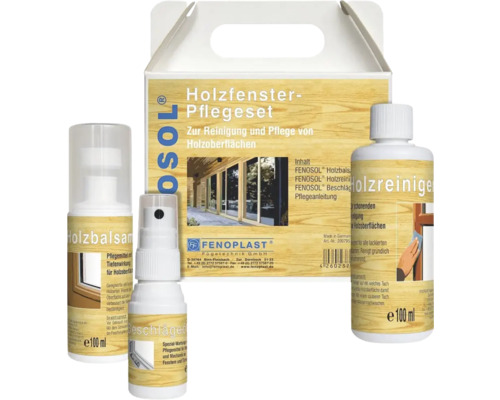 Holzfenster Pflegeset mit Reinigungsmittel, Balsam und Spray zur Pflege und Reinigung von Holzfenstern