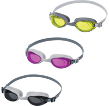 Drei Schwimmbrillen mit verstellbarem Kopfband und unterschiedlichen Gläserfarben