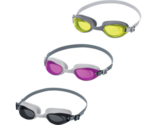 Drei Schwimmbrillen mit verstellbarem Kopfband und unterschiedlichen Gläserfarben