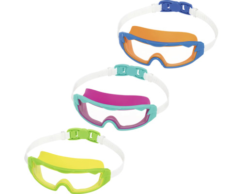 Drei Schwimmbrillen in verschiedenen Farben mit verstellbarem Kopfband