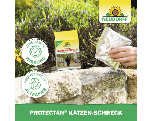 Protectan Katzenschreck Packung und Nachfüllbeutel auf Steinen im Garten