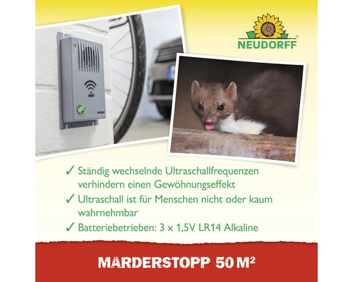 Marderabwehrgerät mit Ultraschallfrequenzen und Neudorff Logo