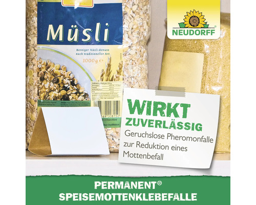 Müsli und Permanent Speisemottenklebefalle zur Reduktion eines Mottenbefalls, Neudorff Logo