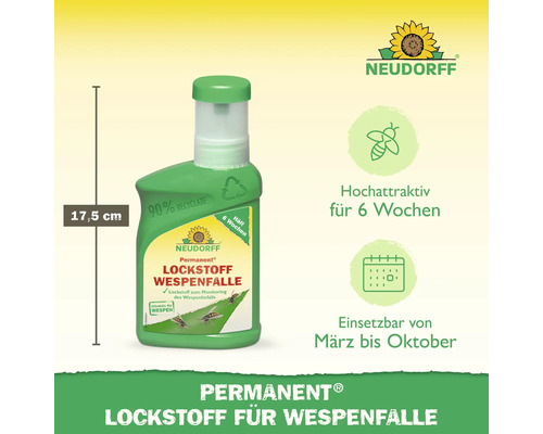 Neudorff Permanent Lockstoff für Wespenfalle, 17,5 cm hoch, aus 90 Prozent Recyclat, hochattraktiv für sechs Wochen, einsetzbar von März bis Oktober.
