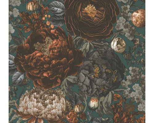 Vliestapete 39979-3 Metropolis by Michalsky 6 Blätter grün Detailansicht einer floralen Tapete mit üppigen Blumen und Blättern in verschiedenen Größen und Formen.