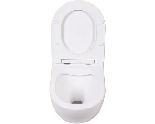 Wand-Tiefspülklosett mit offenem Spülrand und Toilettendeckel