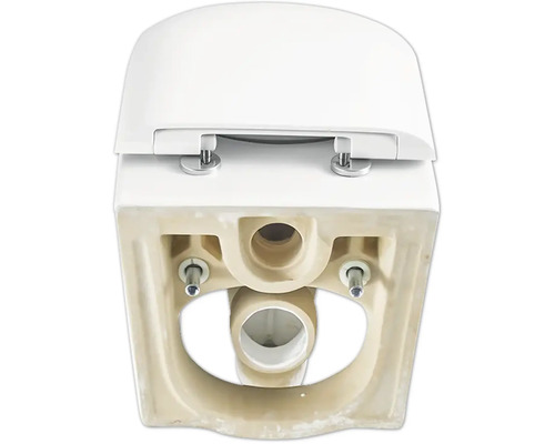 Ansicht von unten einer Toilette mit montiertem Toilettendeckel