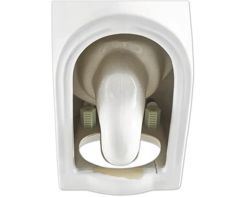 Unterseite einer spülrandlosen Toilette