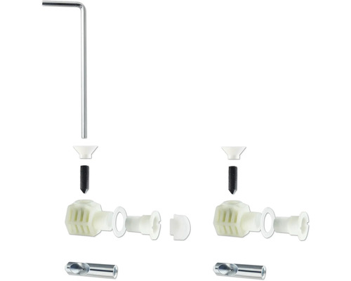 Explosionszeichnung eines Sanitärinstallations-Sets mit Schrauben, Dichtungen und Werkzeug