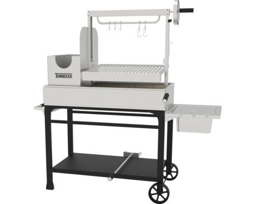 Tenneker Holzkohlegrillwagen mit Ablageflächen und Grillrost.