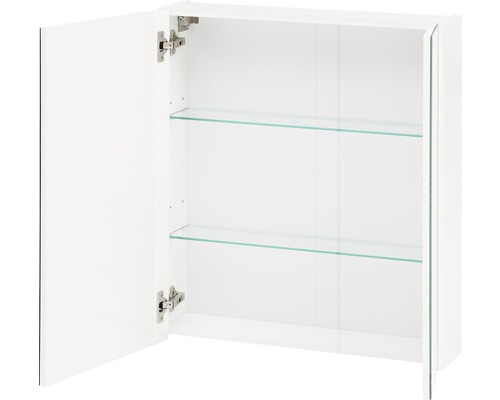 Offener weißer Spiegelschrank mit zwei Glasablagen