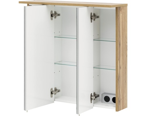 Spiegelschrank Möbelpartner Profil 80,5 x 23,7 x 72,3 cm eiche natur 3-türig LED Offener Badezimmerschrank mit drei Türen und Glasböden