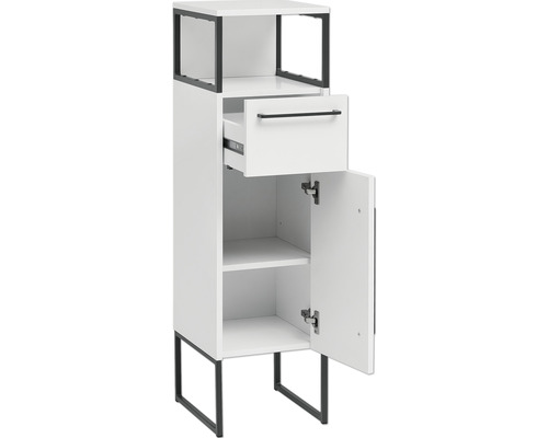 Weißer Badezimmerschrank mit offener Schublade und Tür