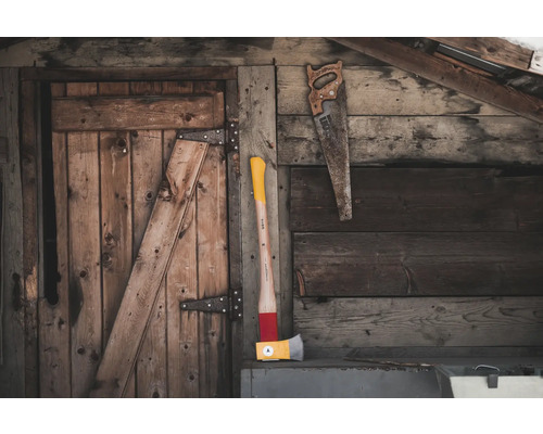 Holzschuppen mit Axt und Handsäge