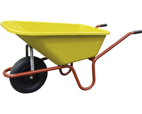 Gelbe Schubkarre mit schwarzem Reifen und Griffen