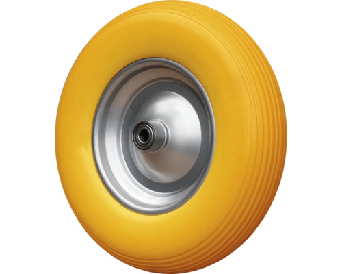 Gelbes Schubkarrenrad mit silberner Felge