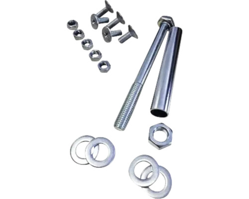 Sortiment von Schrauben, Muttern, Unterlegscheiben und einem Distanzstück