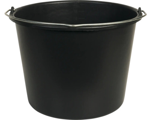 Schwarzer Kunststoffeimer mit Tragegriff aus Metall