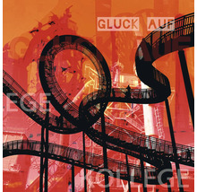 Abstrakte Darstellung der begehbaren Achterbahn Tiger and Turtle in Duisburg mit dem Schriftzug Glück Auf