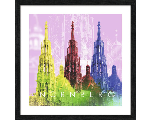 Gerahmtes Bild Nürnberg Frauenkirche und Brunnen lila gelb 33x33 cm