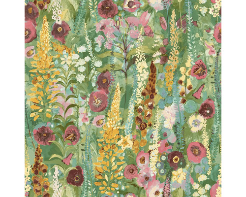 Vliestapete A74601 Delphinium Forest grün Tapete mit Blumenmuster auf grünem Hintergrund