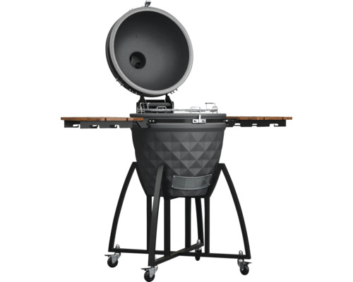 Keramikgrill mit offenem Deckel, Seitentischen und Rollen