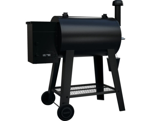 Schwarzer Pelletgrill mit Rädergestell und Ablagegitter