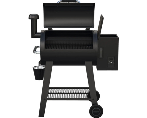 Schwarzer Pelletgrill mit offenem Deckel und Rädern
