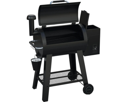 Schwarzer Pelletgrill mit Ablage und Rädern