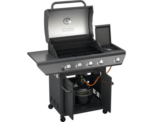 Gasgrill mit vier Brennern, Seitenkochfeld, Warmhalterost und Unterschrank