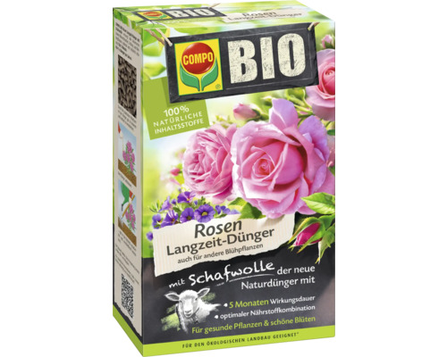 Langzeitdünger COMPO BIO Rosendünger mit Schafwolle 100% natürliche Inhaltsstoffe 2 kg, auch für andere Blühpflanzen, 5 Monate Langzeitwirkung