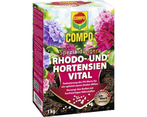 COMPO Spezialdünger für Rhododendren und Hortensien in einer Ein-Kilogramm-Packung