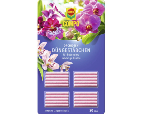 Compo Logo. Packung Compo Orchideen Düngestäbchen für prächtige Blüten, 20 Stück, 3 Monate Langzeitwirkung.