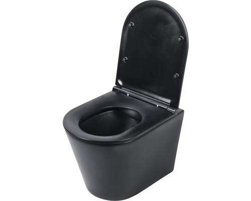 Differnz Wand-WC Set WC Tiefspüler ohne Spülrand schwarz matt mit WC-Sitz 38.500.03 Wand-Tiefspülklosett mit offenem Spülrand und Toilettendeckel