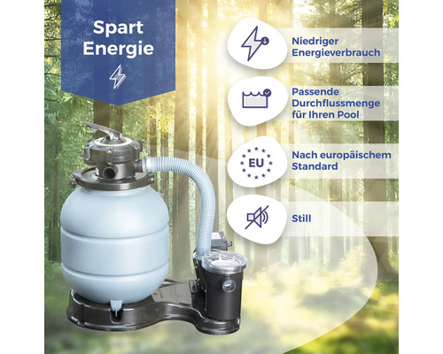 Sandfilteranlage für Pools mit dem Hinweis Energiesparen, niedrigem Energieverbrauch, passender Durchflussmenge für Ihren Pool, nach europäischem Standard und leise