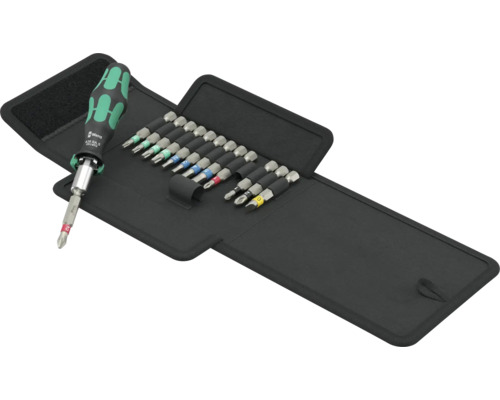 Bithalter-Set Wera Kraftform Kompakt 838 RA S Set, 14 Tlg. Werkzeugsatz mit Schraubendreher und Bits in einer schwarzen Tasche