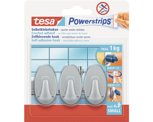 Tesa Powerstrips Klebehaken, spurlos ablösbar, maximale Tragkraft ein Kilogramm, inklusive vier Klebestreifen