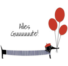 Illustration mit dem Text Alles Guuuuute!, einem Dackel mit Baskenmütze und Luftballons